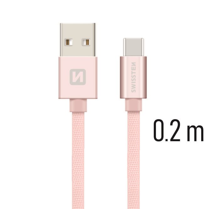 datový kabel swissten textile usb / usb-c 0,2 m růžovo/zlatý 8595217455252