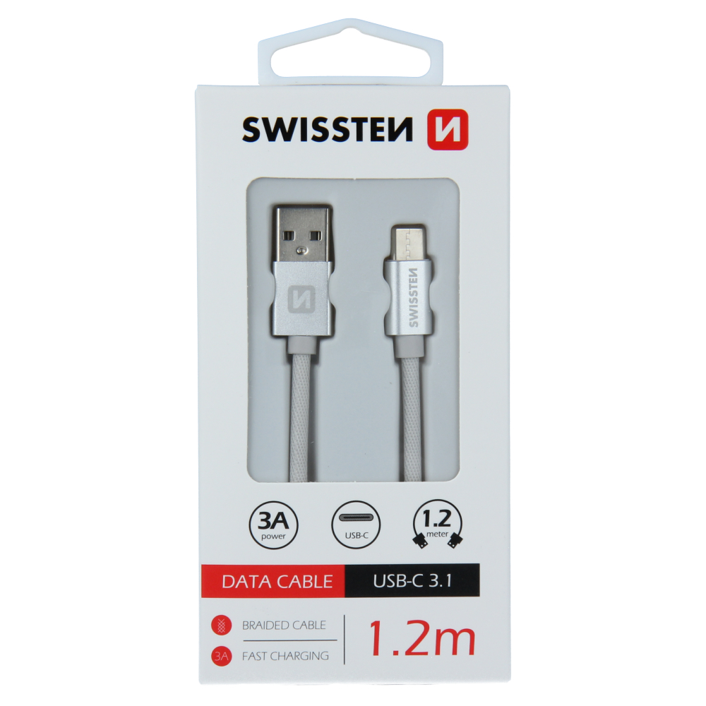 datový kabel swissten textile usb / usb-c 1,2 m stříbrný 8595217455290