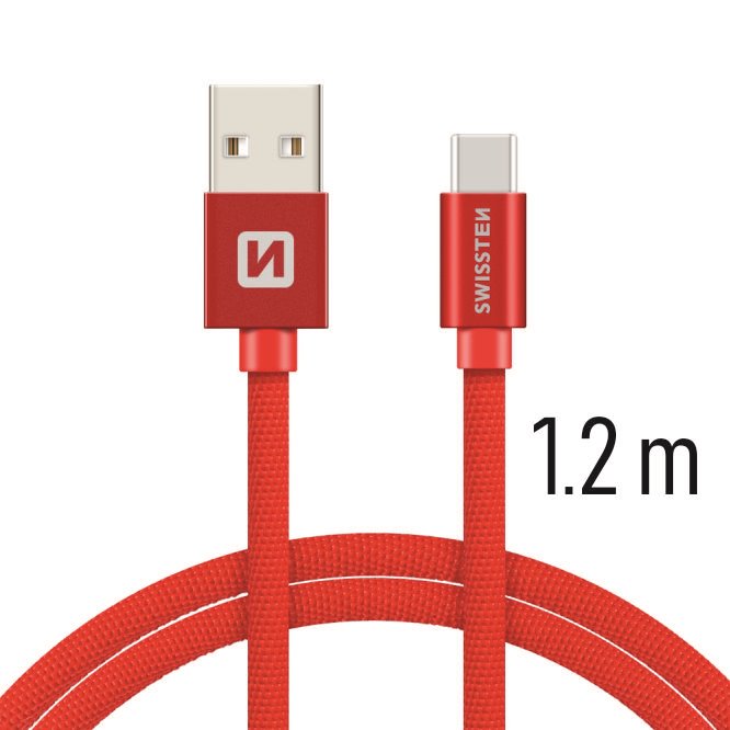datový kabel swissten textile usb / usb-c 1,2 m červený 8595217455320