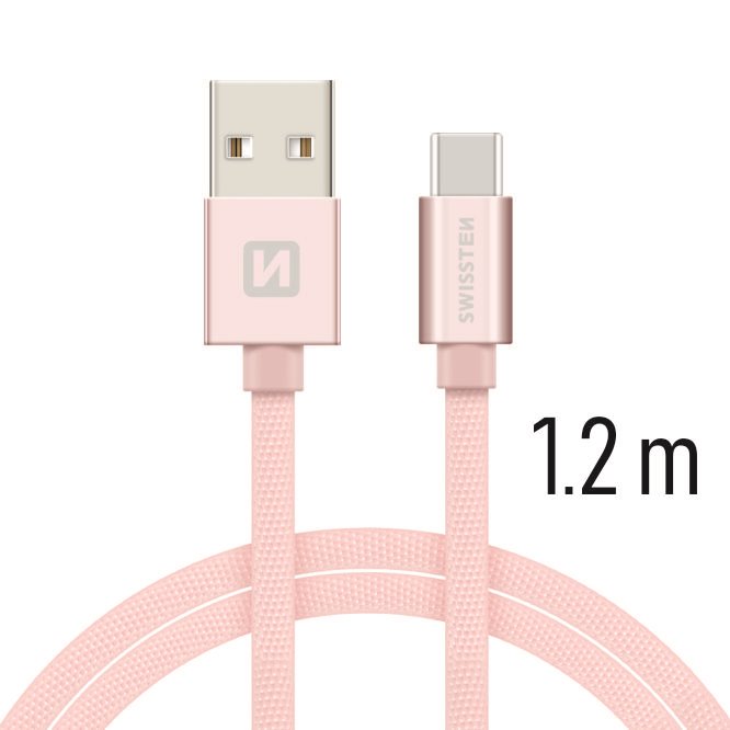 datový kabel swissten textile usb / usb-c 1,2 m růžovo/zlatý 8595217455313