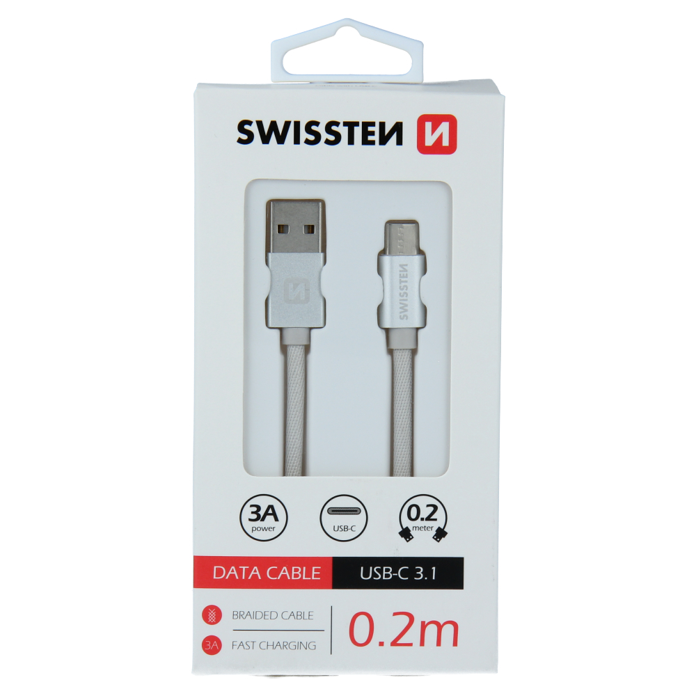 datový kabel swissten textile usb / usb-c 0,2 m stříbrný 8595217455238