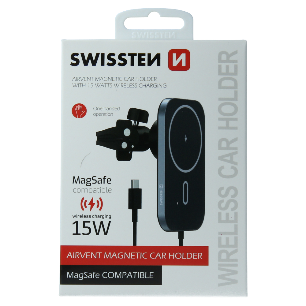 magnetický držák do ventilace auta swissten s bezdrátovým nabíjením 15w (magsafe compatible) 8595217476929
