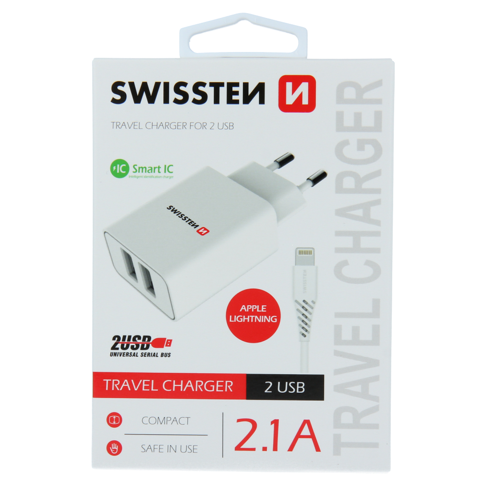 SWISSTEN SÍŤOVÝ ADAPTÉR SMART IC 2x USB 2,1A POWER + DATOVÝ KABEL USB / LIGHTNING 1,2 M BÍLÝ