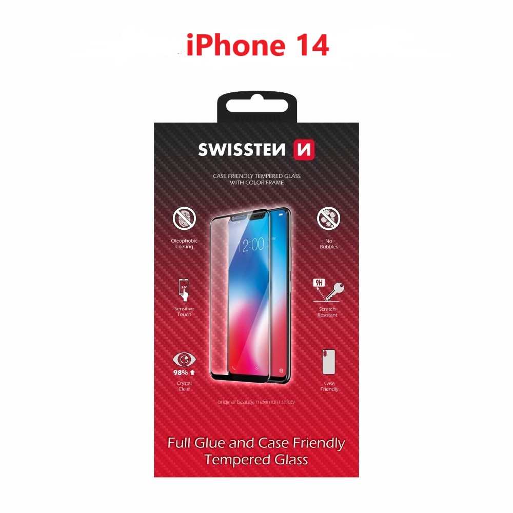 sklo swissten full glue, color frame, case friendly apple iphone 14 černé 8595217480216