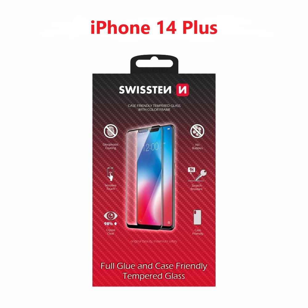 sklo swissten full glue, color frame, case friendly apple iphone 14 plus černé 8595217480223